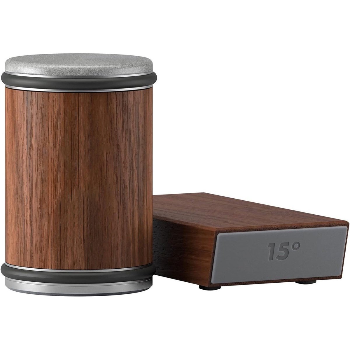 Wooden rolling knife sharpener next to its magnetic angle block